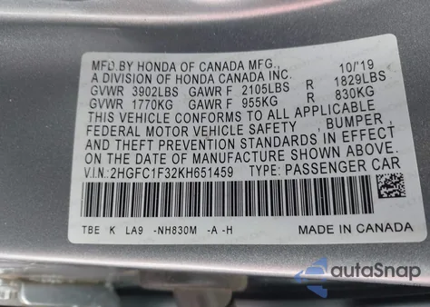 2019 Honda Civic Ex z USA, uszkodzony, nr VIN 2HGFC1F32KH651459